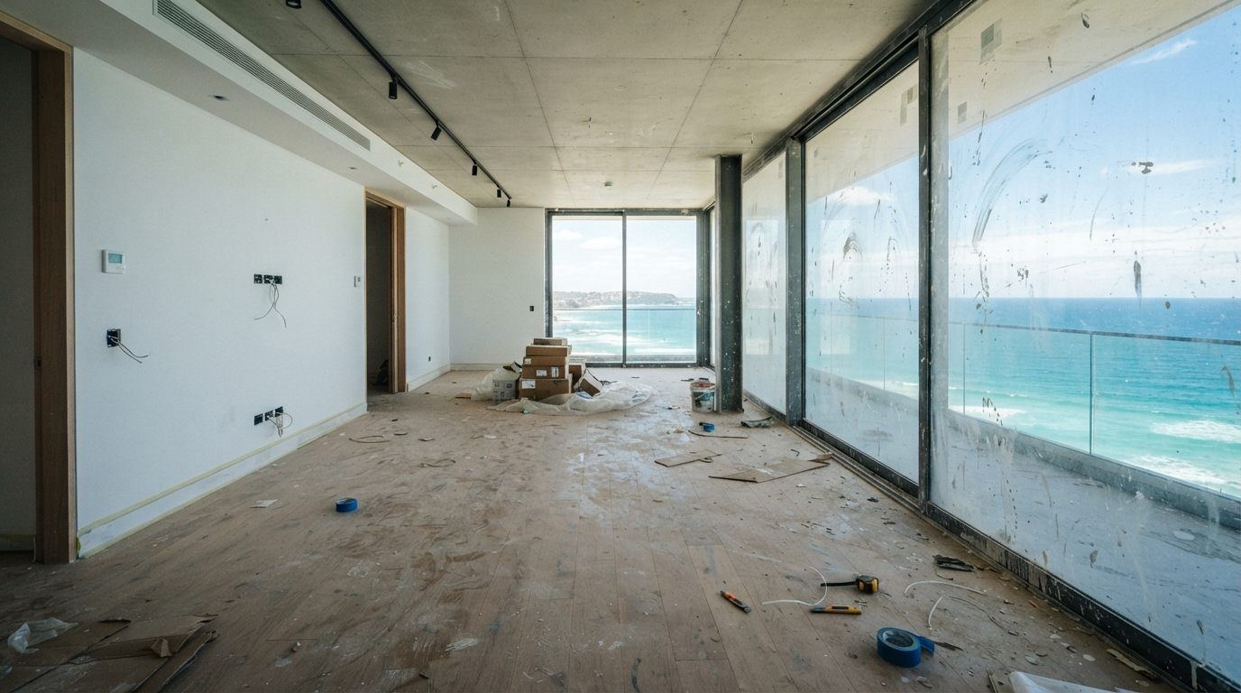 Mesmo ambiente com poeira e resíduos de obra, antes da limpeza